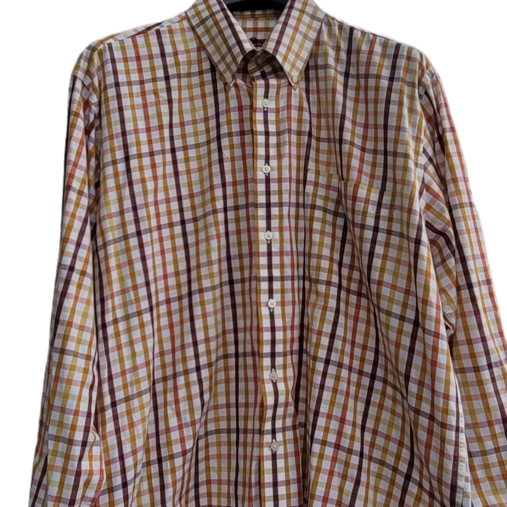 Alan Flusser Shirt Mens Long Sleeve Button Up Beige w Multicolor Check Size XL